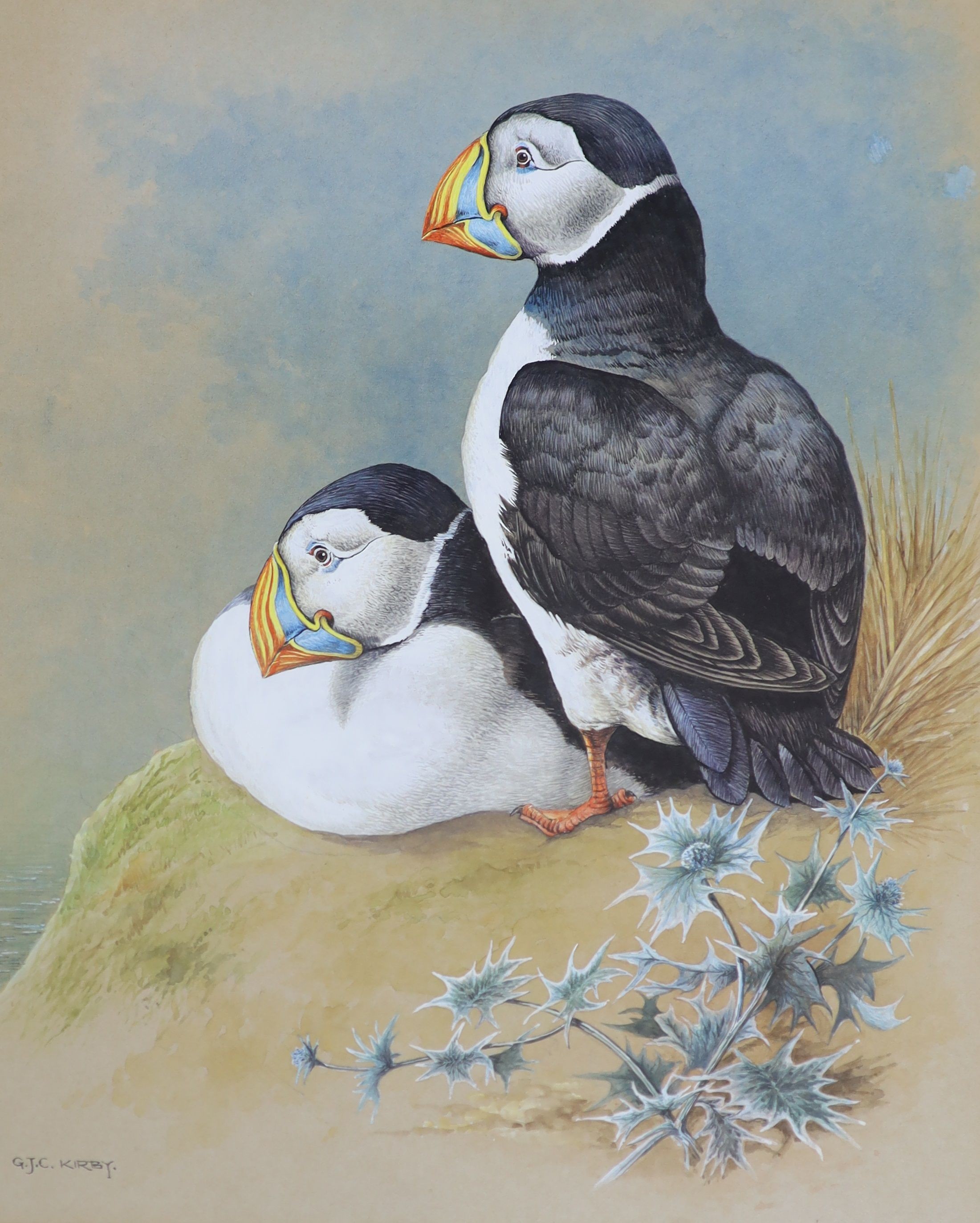 G Kirby (b.1912) gouache, Puffins, signed, 26 x 21cm. And a Neil Cox (1955-), watercolour of long-tailed tits, to do, 22cm.